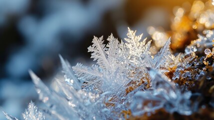  a close up of a bunch of snow flakes on a tree branch with the sun shining through the snow flakes on the top of the snow flakes.