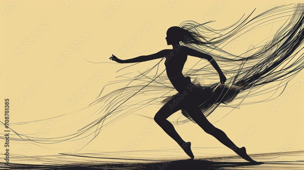 Poster a silhouette of a woman running with her hair blowing in the wind in front of a beige background wit