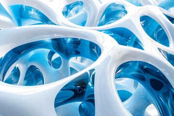 Blue car wheel with a chrome alloy rim, reflecting light and water textures in a 3D illustration