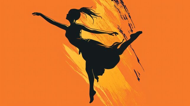  a silhouette of a ballerina on an orange background with a splash of paint on the bottom half of the image and the bottom half of the ballerina's body.