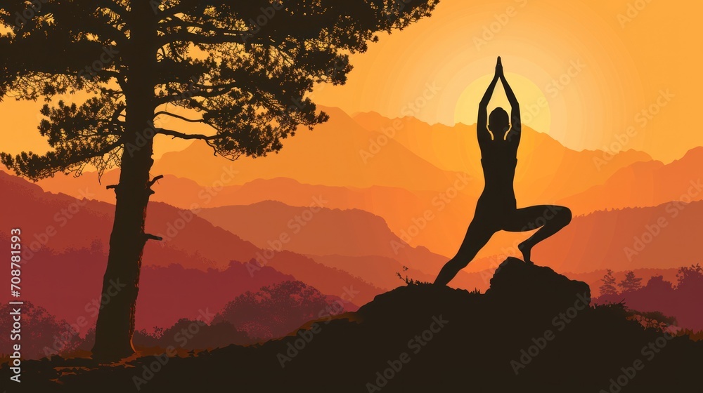 Poster a silhouette of a person doing yoga in front of a mountain and a tree with the sun setting in the ba