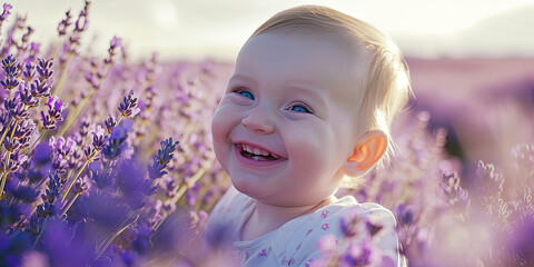 cute baby in lavender field, generative AI - obrazy, fototapety, plakaty