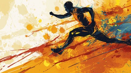  a digital painting of a man running on a yellow and orange paint splattered background with a splash of paint on the side of the running man's body. - obrazy, fototapety, plakaty