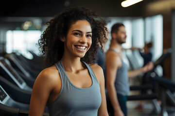 Fototapeta premium Portrait of smiling african american woman in sportswear at gym