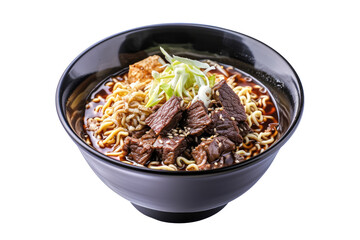 Bowl of beef noodles in a black dish, cut out - stock png.