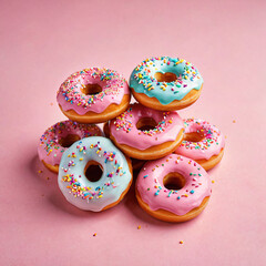 Flying donuts. Mix of multicolored doughnuts with sprinkle on solid background.
