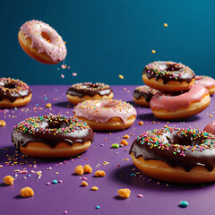 Flying donuts. Mix of multicolored doughnuts with sprinkle on solid background.
