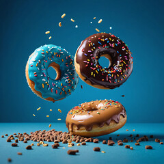 Flying donuts. Mix of multicolored doughnuts with sprinkle on solid background.

