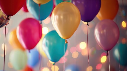  a bunch of balloons that are floating in the air with a blurry background of other balloons in the air with a string attached to the top of the balloons.
