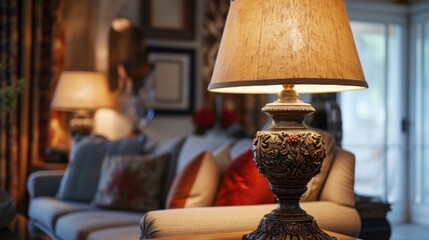  a lamp sitting on top of a table in a living room next to a couch and a table with a lamp on top of it in front of a window.