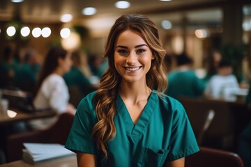 Confident young female healthcare professional in scrubs