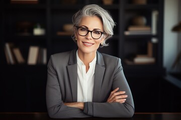 Beautiful middle aged woman, gray hair wearing glasses, sitting at her desk smiling, business woman, healthy
