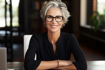 Beautiful middle aged woman, gray hair wearing glasses, sitting at her desk smiling, business woman, healthy
