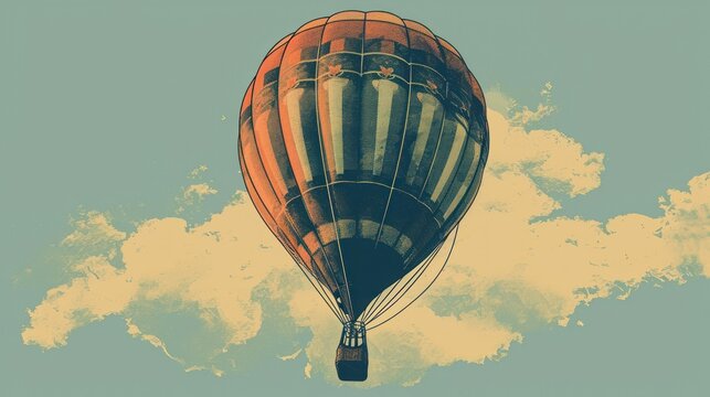  a picture of a hot air balloon flying in the sky with a cloud in the foreground and a blue sky with a few white clouds in the foreground.