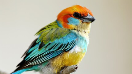  a colorful bird sitting on top of a tree branch with a white wall in the background and a white wall in the background behind the bird is a multicolored bird.