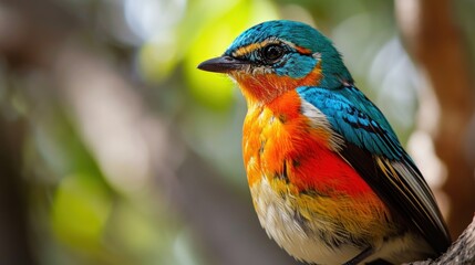 Obraz premium a colorful bird sitting on top of a tree branch next to a green leaf filled tree in front of a blurry background of leaves and a tree branch with green leaves.