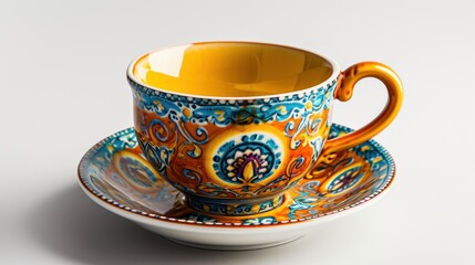  a close up of a cup and saucer on a white surface with a yellow rim and a blue and orange design on the cup and saucer and saucer.