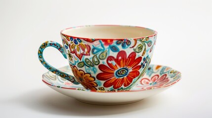  a close up of a cup and saucer with a flower design on the inside of the cup and saucer with a flower design on the outside of the cup.