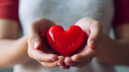 a young woman person holds small red heart candy in her hands.