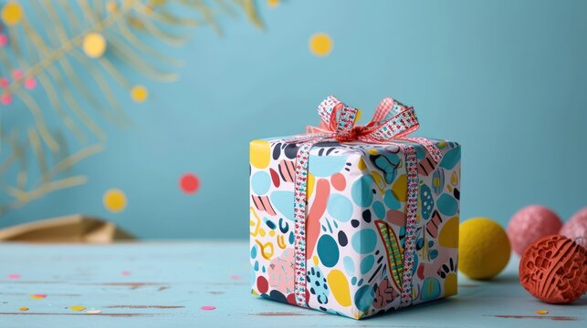  a close up of a present box on a table with confetti and a blue wall in the background with confetti and a tree in the foreground.