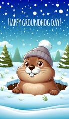 Happy groundhog day vertical banner with cartoon animal on winter nature background