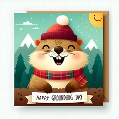 Happy groundhog day card with cartoon animal on winter nature background