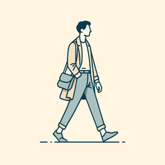 A person walking illustration in a simple, flat outline style with minimal facial expressions. The color palette predominantly has muted shades of blue and beige.