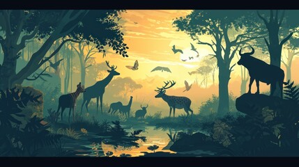  a painting of a group of deer in a forest with a river running through the middle of the forest, with birds flying around the trees and in the background.