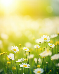 White daisies in yellow and green spring blurred vertical background, with copy space