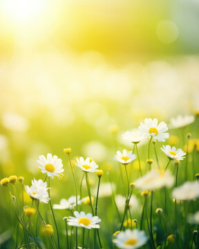 Fototapeta White daisies in yellow and green spring blurred vertical background, with copy space