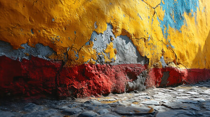  a yellow, red, and blue painted wall next to a cobblestone street with cobblestones on both sides of the wall and a cobblestone floor.