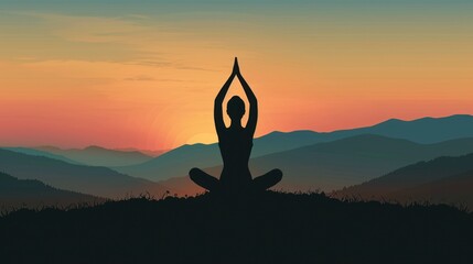  a silhouette of a person doing yoga in front of a mountain range with the sun setting in the distance and mountains in the background with a person doing a yoga pose.