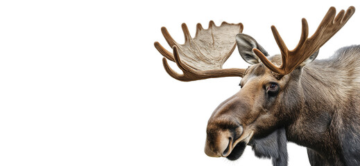 Majestic Bull Moose With Antlers.  A Striking Portrait of Wilderness Royalty against a Pristine White Backdrop.