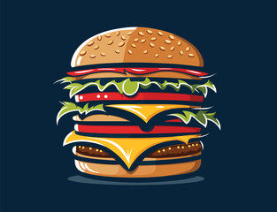 Hamburger fast food vector icon isolated on dark blue background.