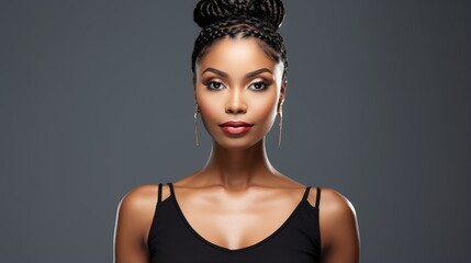 Elegant black woman with braided hair and makeup - obrazy, fototapety, plakaty