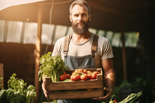 Farmer man holding wooden box full of fresh raw organic vegetables, standing in greenhouse. Generative AI