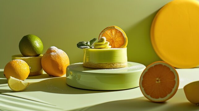  a cake sitting on top of a table next to sliced oranges and limes on top of a white table with a yellow plate and green wall in the background.