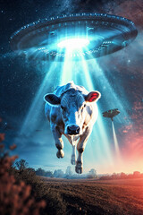 Cow being abducted by alien UFO, vertical, conspiracy theory, sci fi - obrazy, fototapety, plakaty