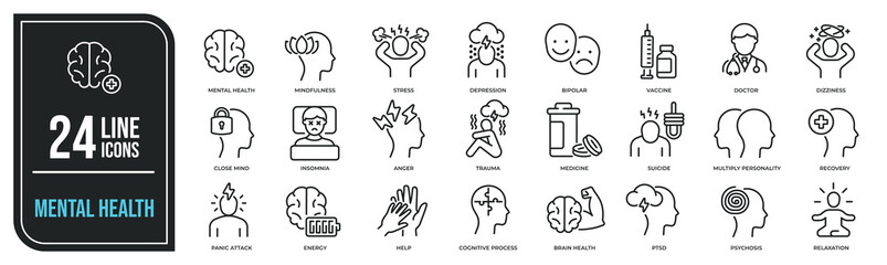 Mental health simple minimal thin line icons. Related depression, bipolar, PTSD, trauma. Editable stroke. Vector illustration.