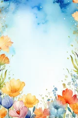 Fotobehang Floral watercolor frame with spring flowers and leaves on light blue background. St Valentines, Women's day, Easter. Romantic backdrop for wedding greeting card, banner, template with copy space © ratatosk