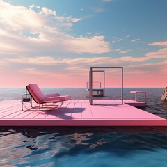 Pink platform floating on water with lounge chair and structure