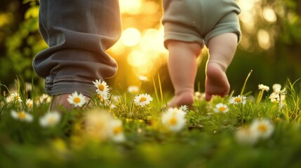 A close up of a baby walking with its mother in the grass, AI