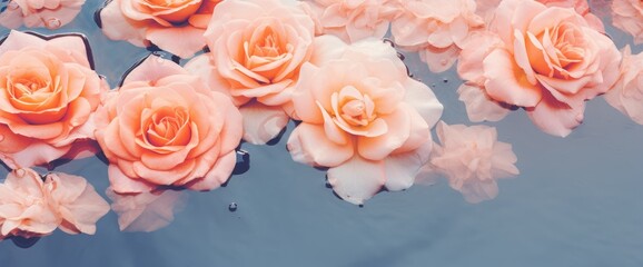 Romantic creative layout with roses floating in water. Minimal nature abstract backdrop. Spa and cosmetic concept background, banner, card. Valentine or woman day. Peach fuzz - color of 2024 year - obrazy, fototapety, plakaty