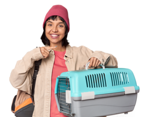 Young Hispanic woman ready for travel with pet carrier looking sideways with doubtful and skeptical expression.