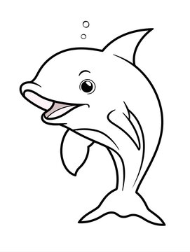 Dolphin line art illustration. Happy smiling face, jumping. Cheerful mascot and character for children and kids coloring book or coloring pages. Uncolored blank outline image on white background.