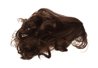 Wind blow Long wavy curl Wig hair style fly fall. Brown woman wig hair float in mid air. Curly wavy brown wig hair wind blow cloud throw. White background isolated detail motion