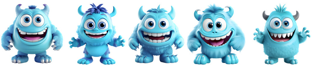 Cute blue monsters collection, cartoon style. On Transparent background