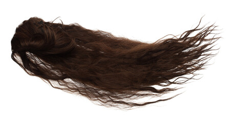 Wind blow Long straight Wig hair style fly fall. Brown wavy woman wig hair float in mid air. Straight brown black wig hair wind blow cloud throw. White background isolated detail motion