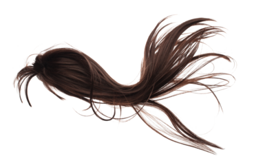Wind blow Long straight Wig hair style fly fall. Brown woman wig hair float in mid air. Straight brown black wig hair wind blow cloud throw. White background isolated detail motion