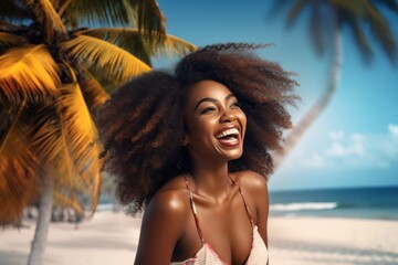 Obraz premium Black woman smiling happy on tropical beach